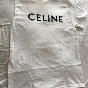 Celine Classic White Tee with Black Logo Size Medium